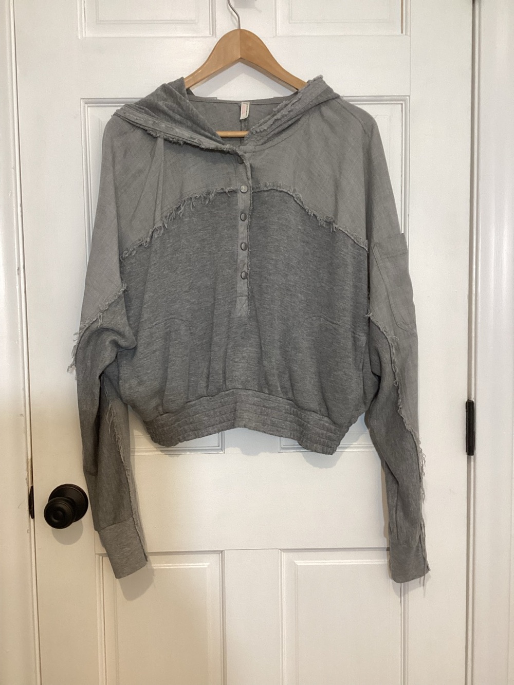 Free People Movement Gray Hooded Raw Hem Cropped Pullover Sweatshirt SP